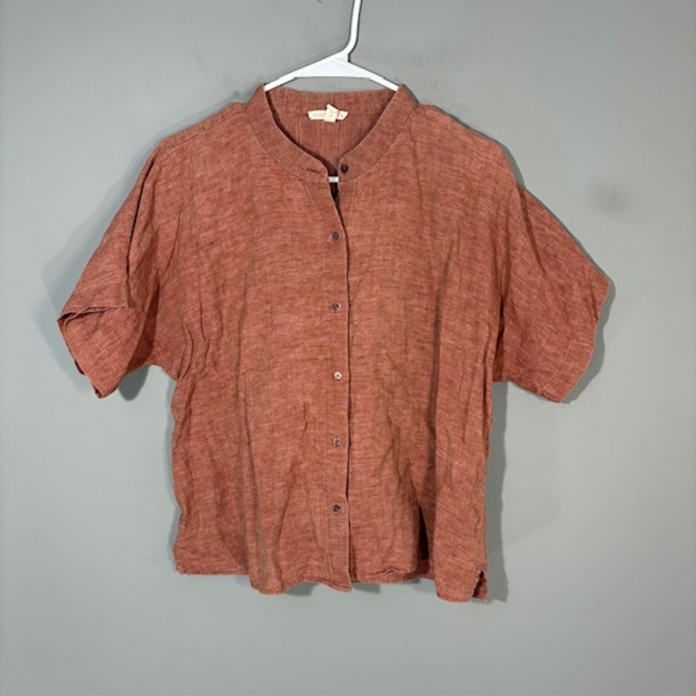 Eileen Fisher Blouse Womens Petites Small Orange Linen Button Short Sleeve Top